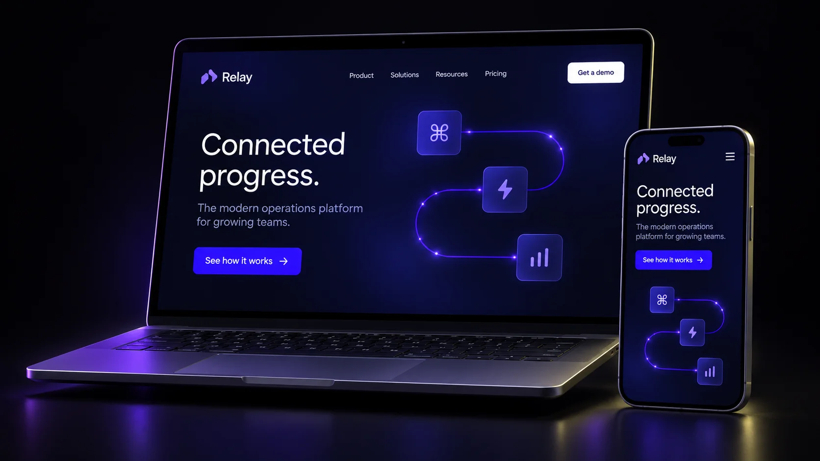 Relay concept on a laptop and phone, front view.