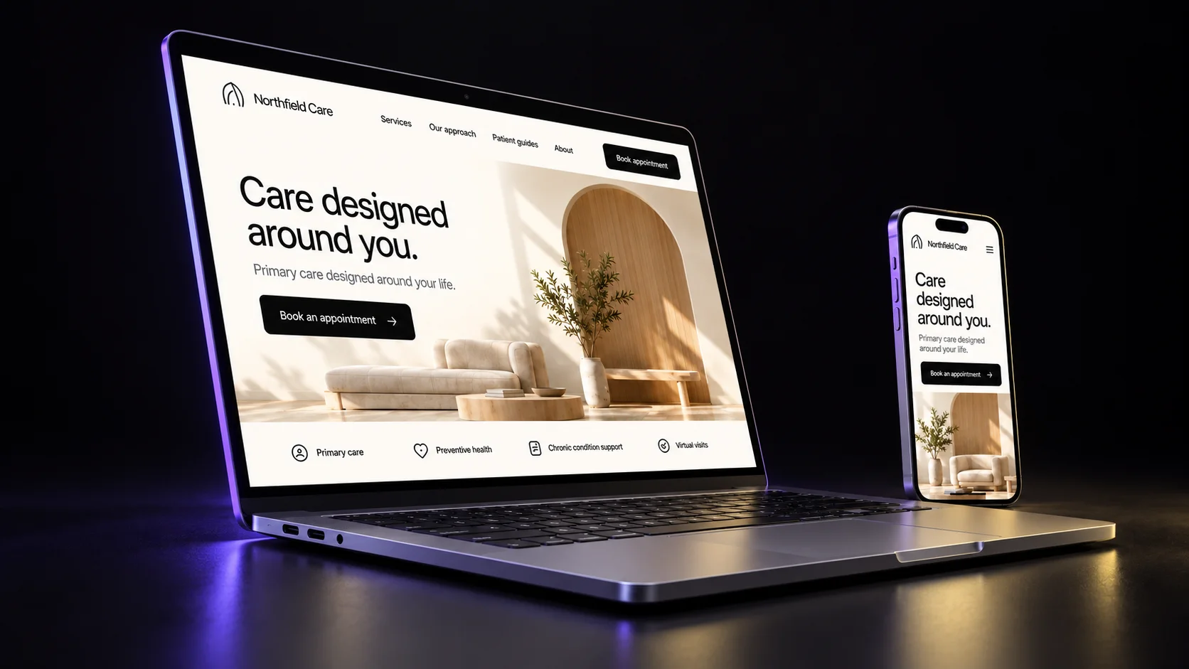 Northfield Care concept on a laptop and phone, side view.