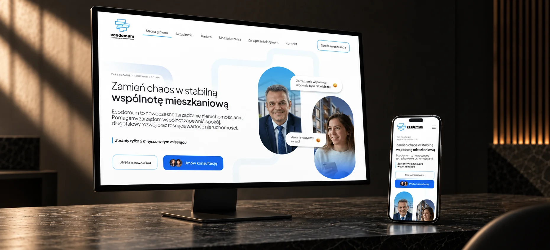 Ecodomum website on a monitor and phone in a dark editorial scene