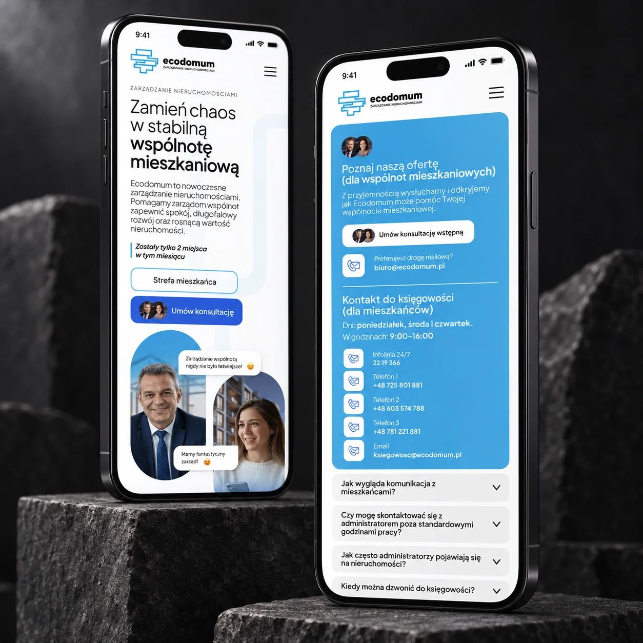 Two phones showing Ecodomum homepage and contact mockups on dark stone