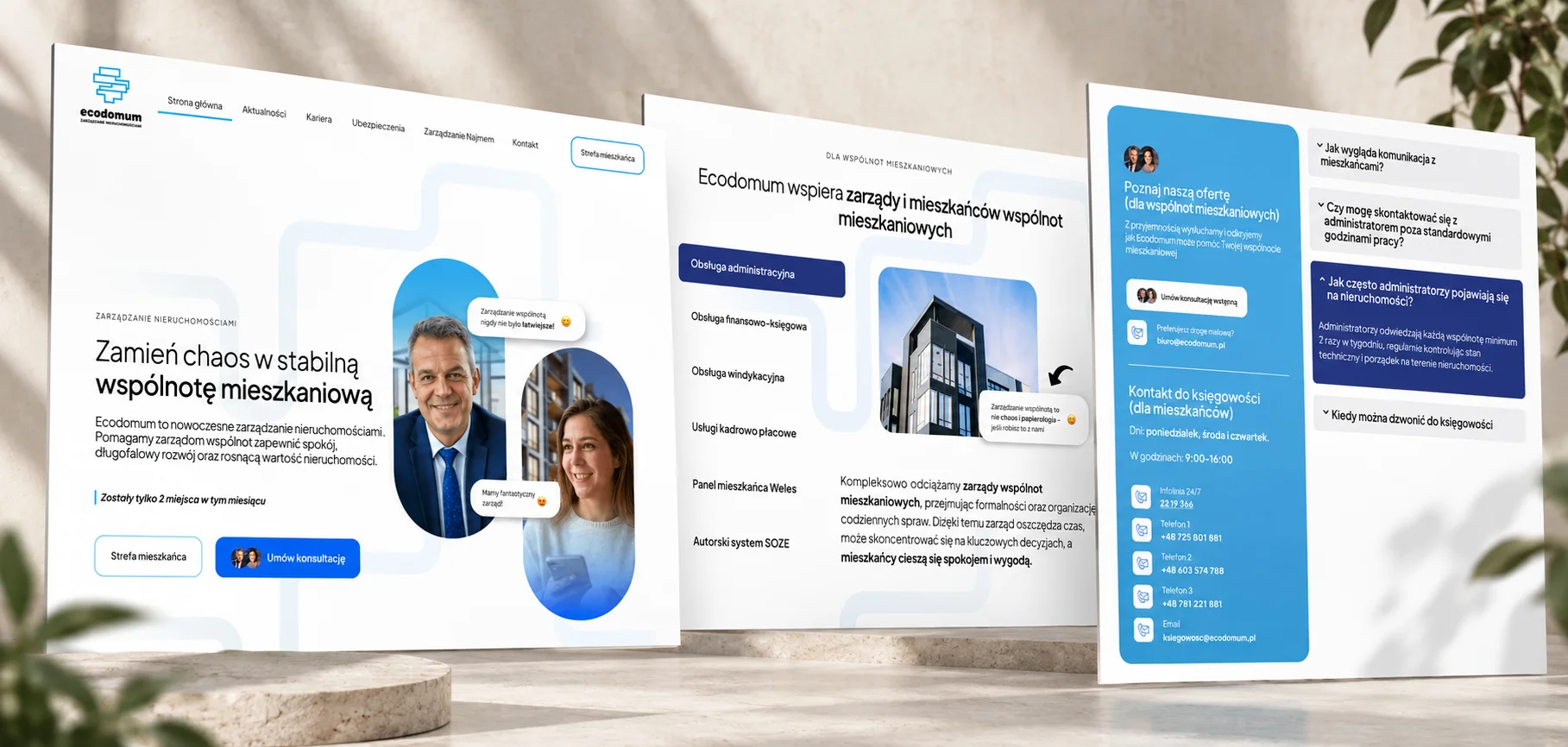 Wide presentation of distinct Ecodomum homepage, services and contact sections