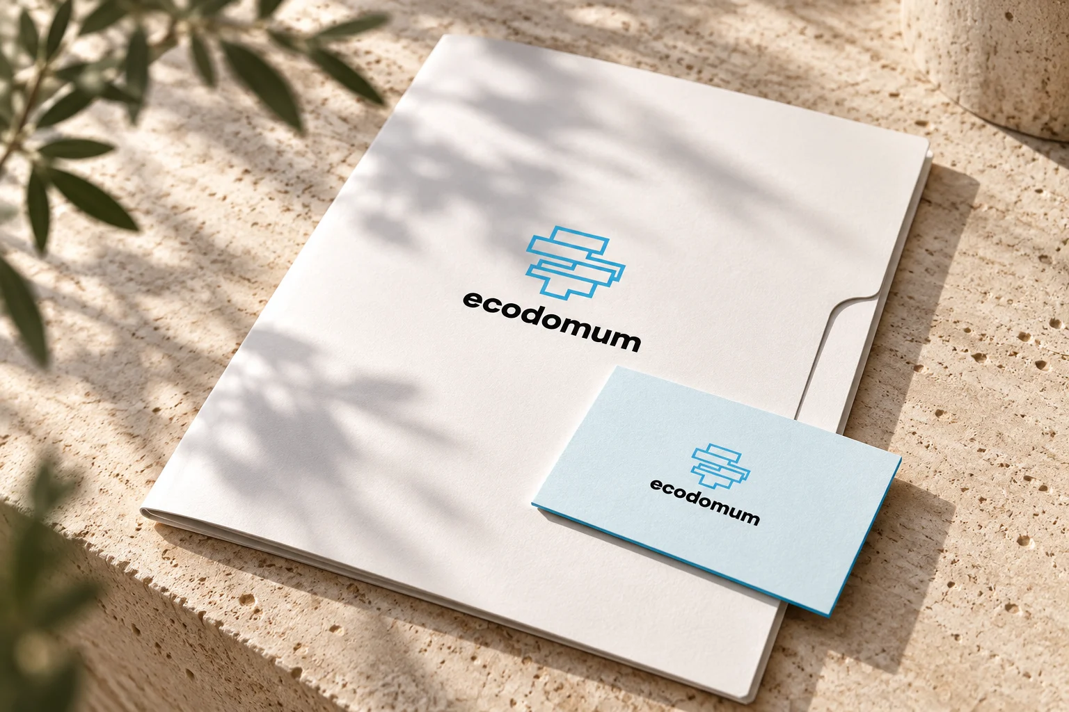 Illustrative stationery presentation using Ecodomum’s existing identity