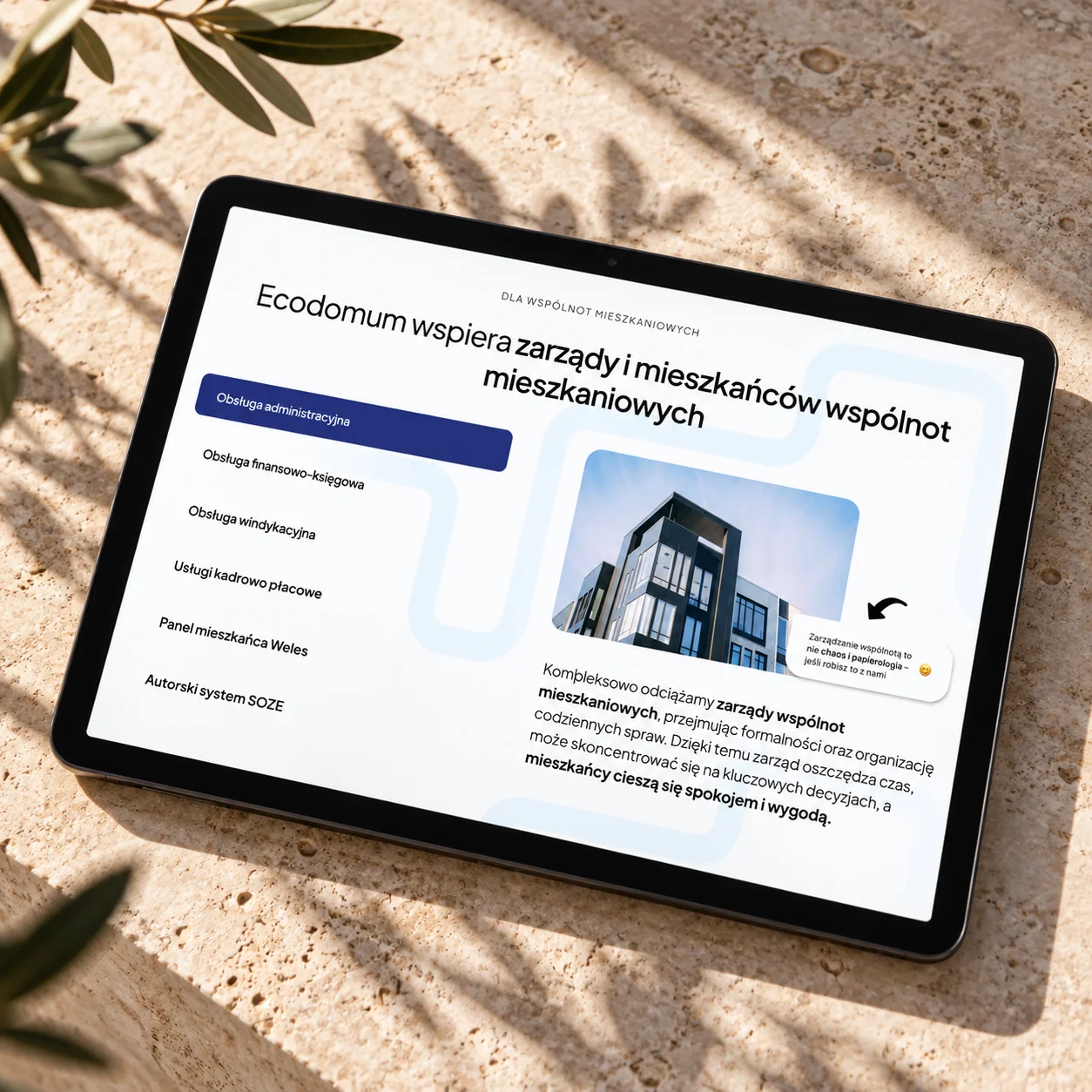 Ecodomum services on a tablet, presented on a light stone surface
