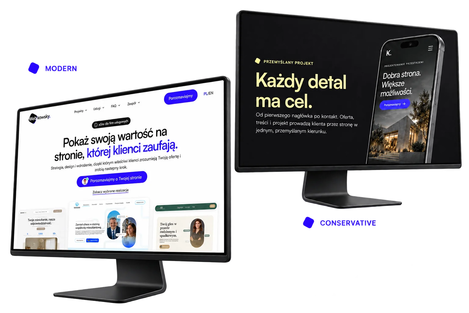 Two monitors showing the Webkowsky homepage and the xSite Express detail section