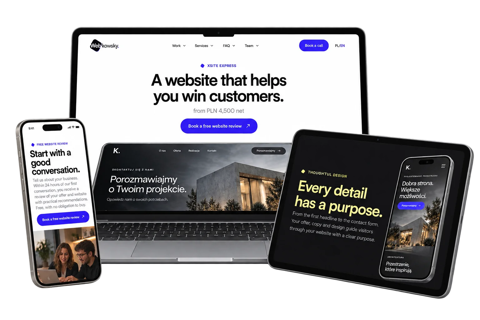 xSite Express pages presented on a laptop, tablet and phone
