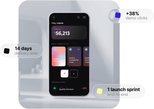 Composite startup website sprint result preview with delivery, clicks, and launch sprint metrics.