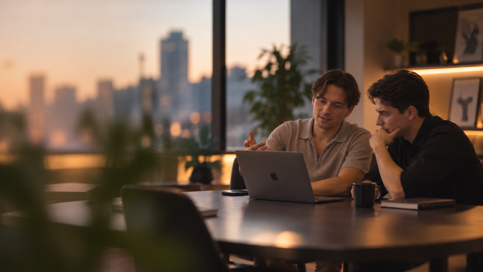 Discussing a website project together at a laptop.
